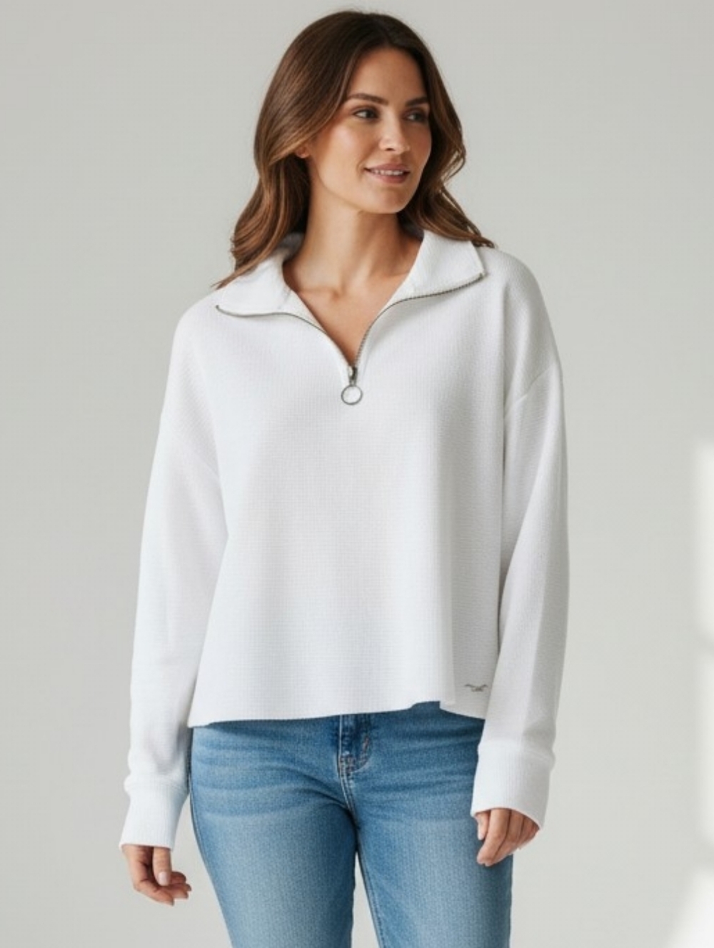Hollister White Half-Zip Waffle Top Boyfriend TEE Size S